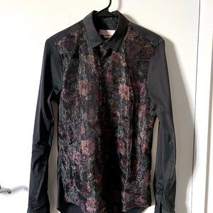 Zara Floral Mesh Panel Slim-Fit Dress Shirt (S)